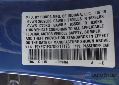 2019 Honda Civic Ex из США, поврежденный, VIN 19XFC1F37KE217175